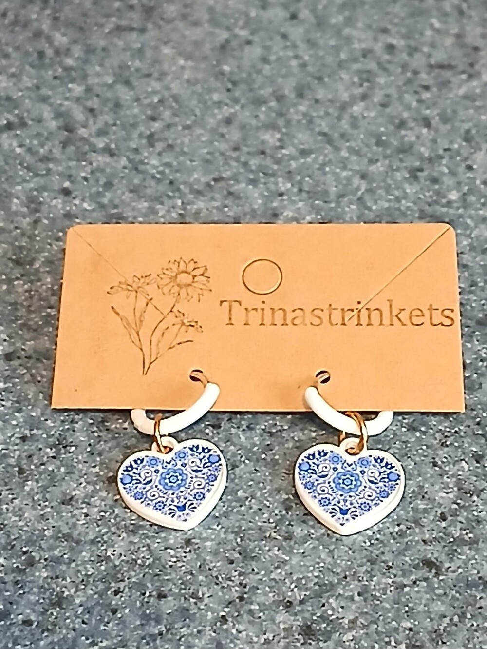 Vintage Blue Ceramic Heart Drop Earrings